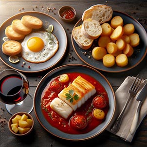 un plato con huevo frito con patatas, otro plato de bacalao en salsa roja con tomate, otro plato con galletas y una copa de vino y pan